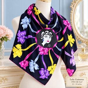 Vintage Lulu Guinness 1990s Retro Cameo Portrait Floral Bows Silk Scarf 34x34